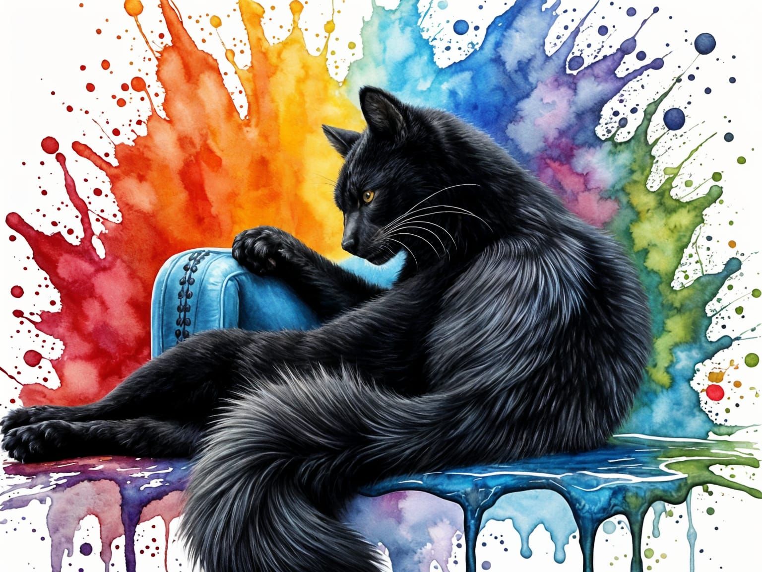 Surreal Feline Cleans Her Sofa in Vibrant Watercolor