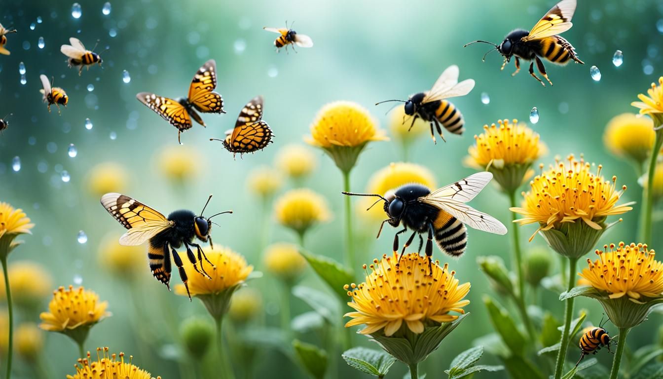 Pollen Swarm: Macro Shot of Bees and Butterflies