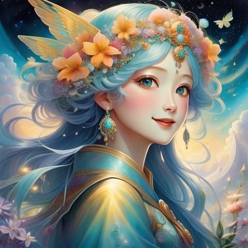 Summer Goddess with Dynamic Clouds, Digital Art