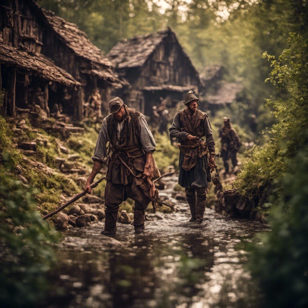 <lora:Dark Age:1.0> soldiers searching a village by a forest stream Hyperrealistic, splash art, concept art, mid shot, i...