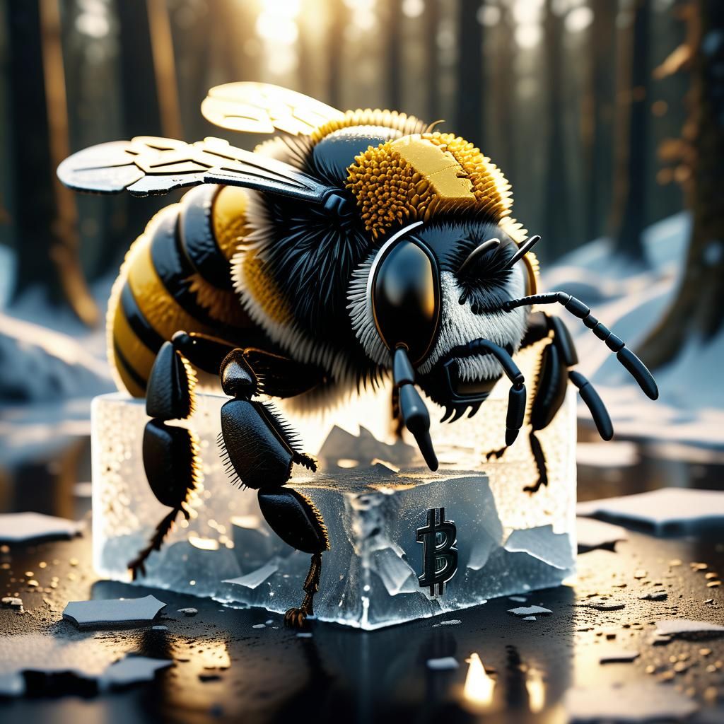 Bumble Bee Breaks Bitcoin Ice Cube in Surreal 3D