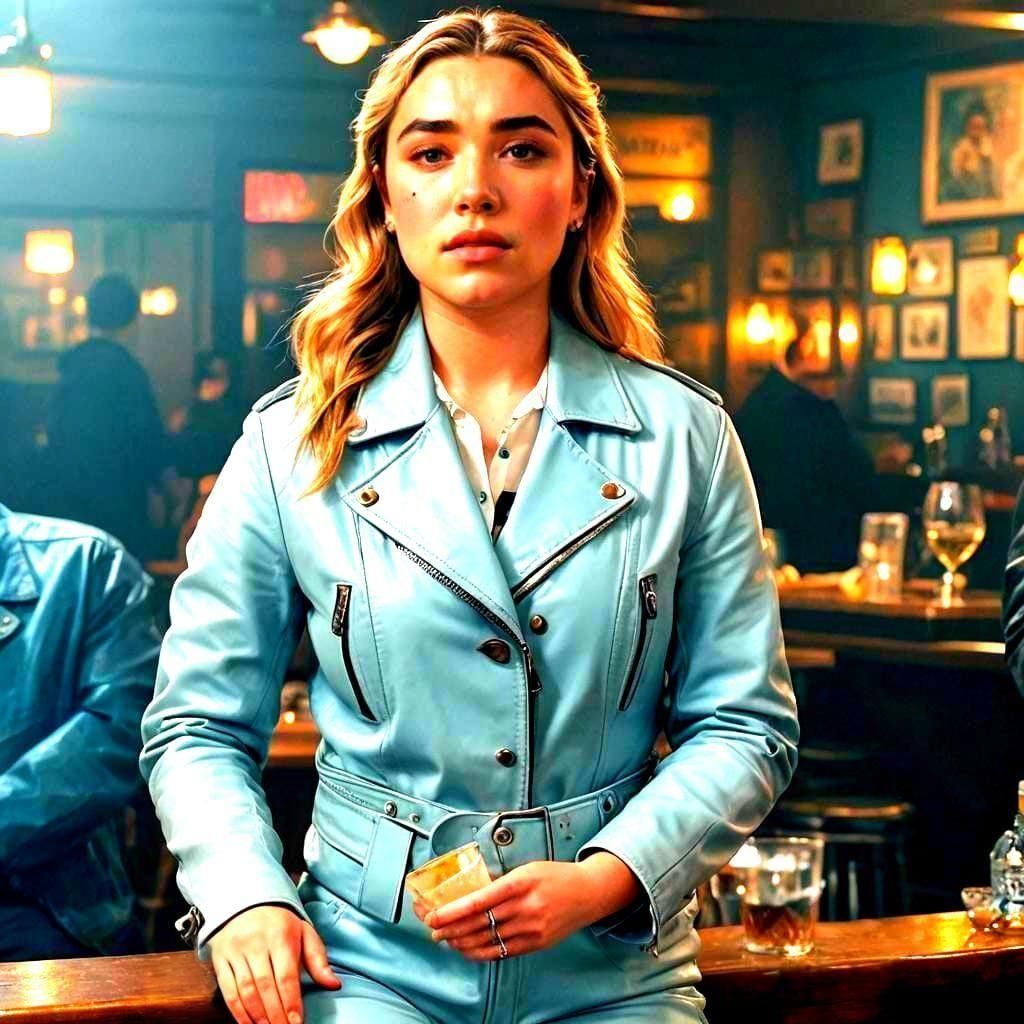 Florence Pugh in Light Blue Leather Jacket