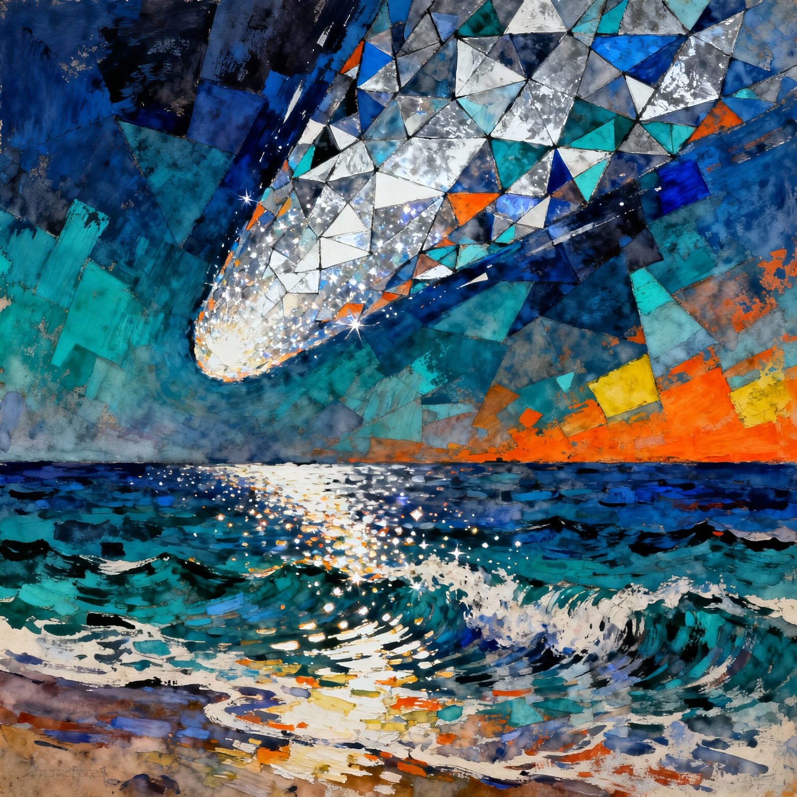 Prismatic Comet Over Exuberant Ocean in Gritty Ink and Water...