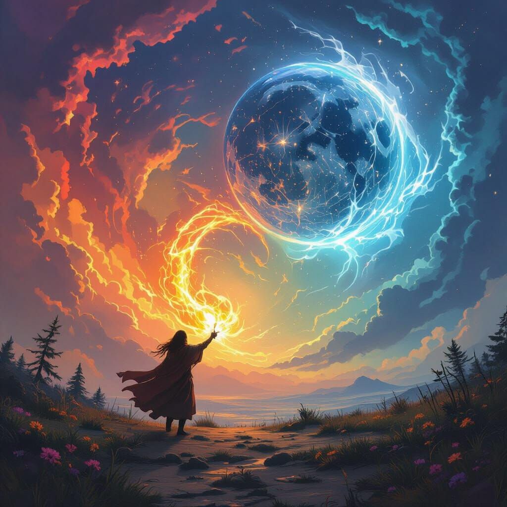 Psychedelic Landscape with Opposing Elements in Eternal Danc...