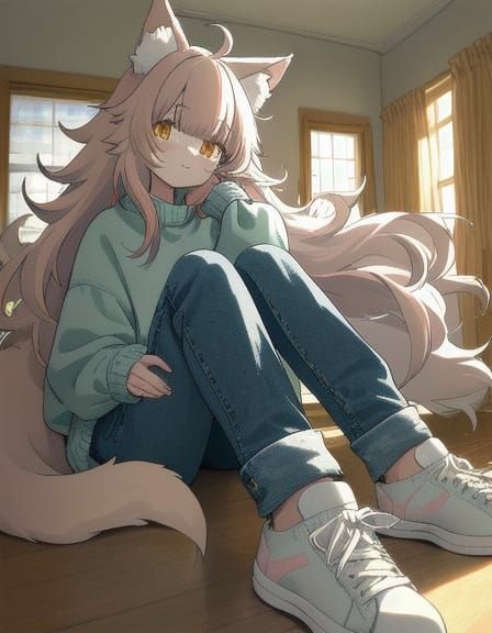 Anime Style Wolf Demihuman in Cozy Room