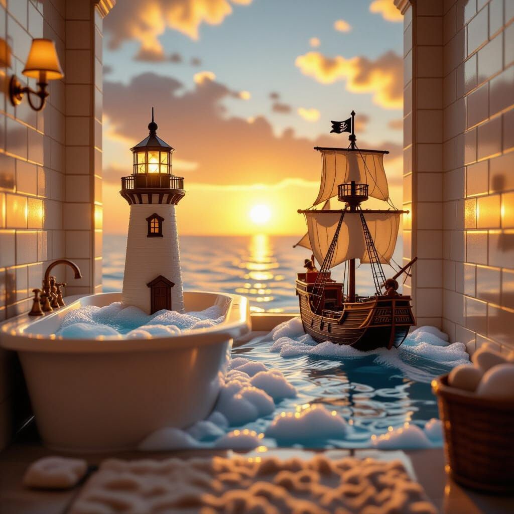 Miniature Lighthouse and Pirate Ship Bathtub Scene