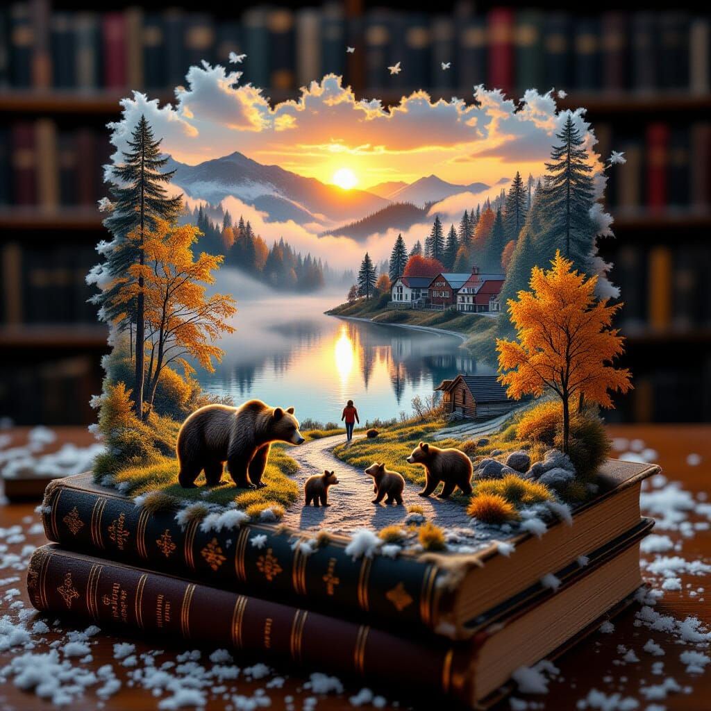 Miniature World on Antique Books: A Magical Library Scene