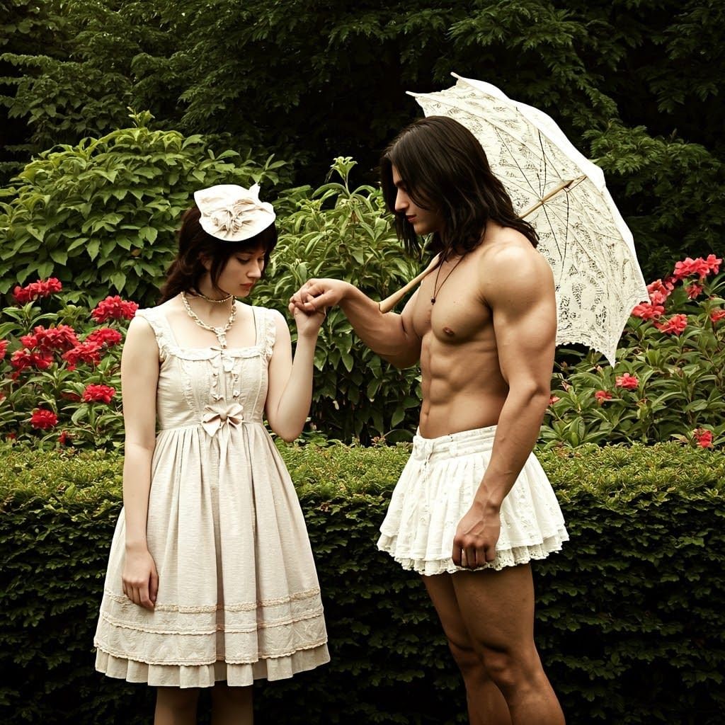 Romantic Garden Scene: Woman Kisses Man in Lolita Dress