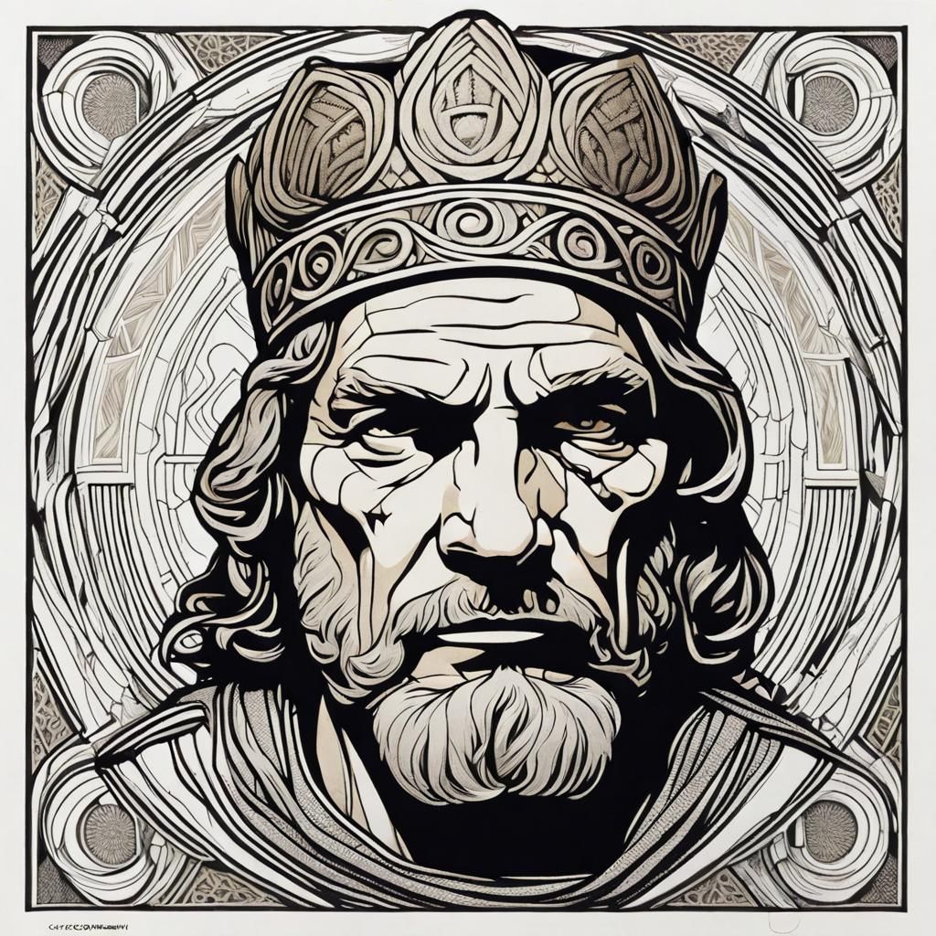 Laurence Olivier as King Priam in Linocut Style