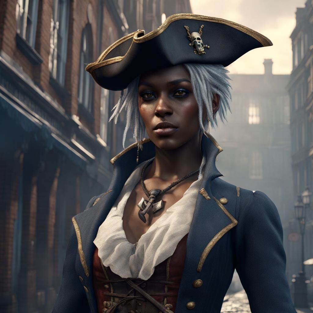 Drow Pirate Girl in Misty 1880s London Street