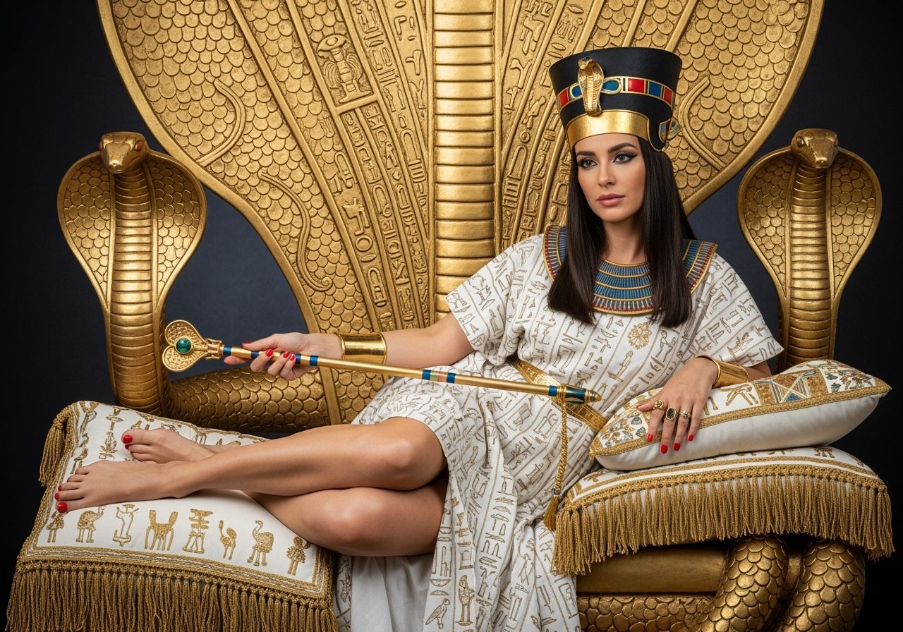 Egyptian Queen on Gold Cobra Throne in Photography Style