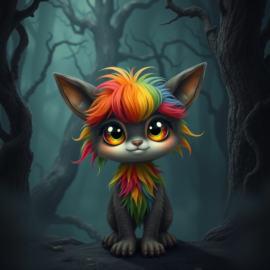 Whimsical Woodland Creature with Vibrant Rainbow Locks
