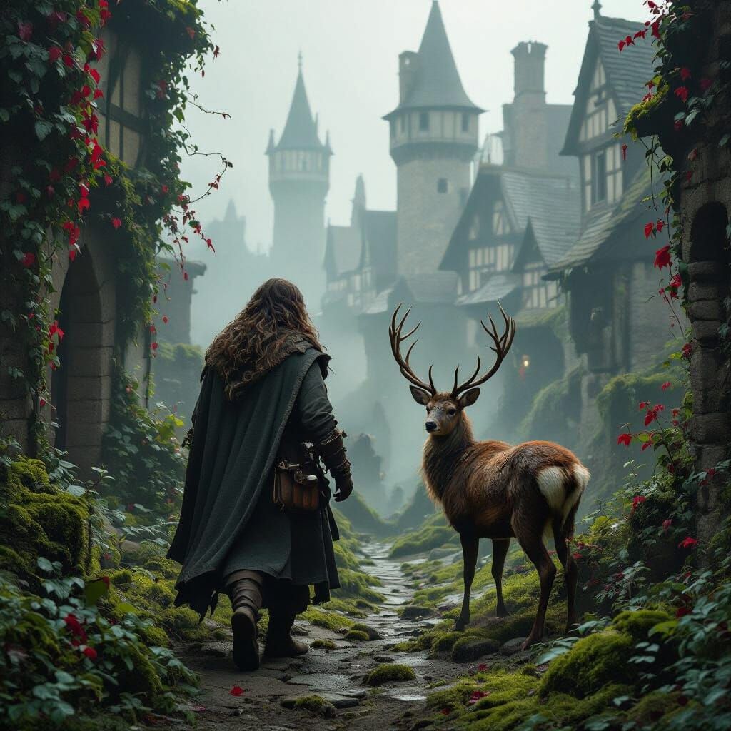 Hobbit and Deer in Abandoned City, Maximalist Style