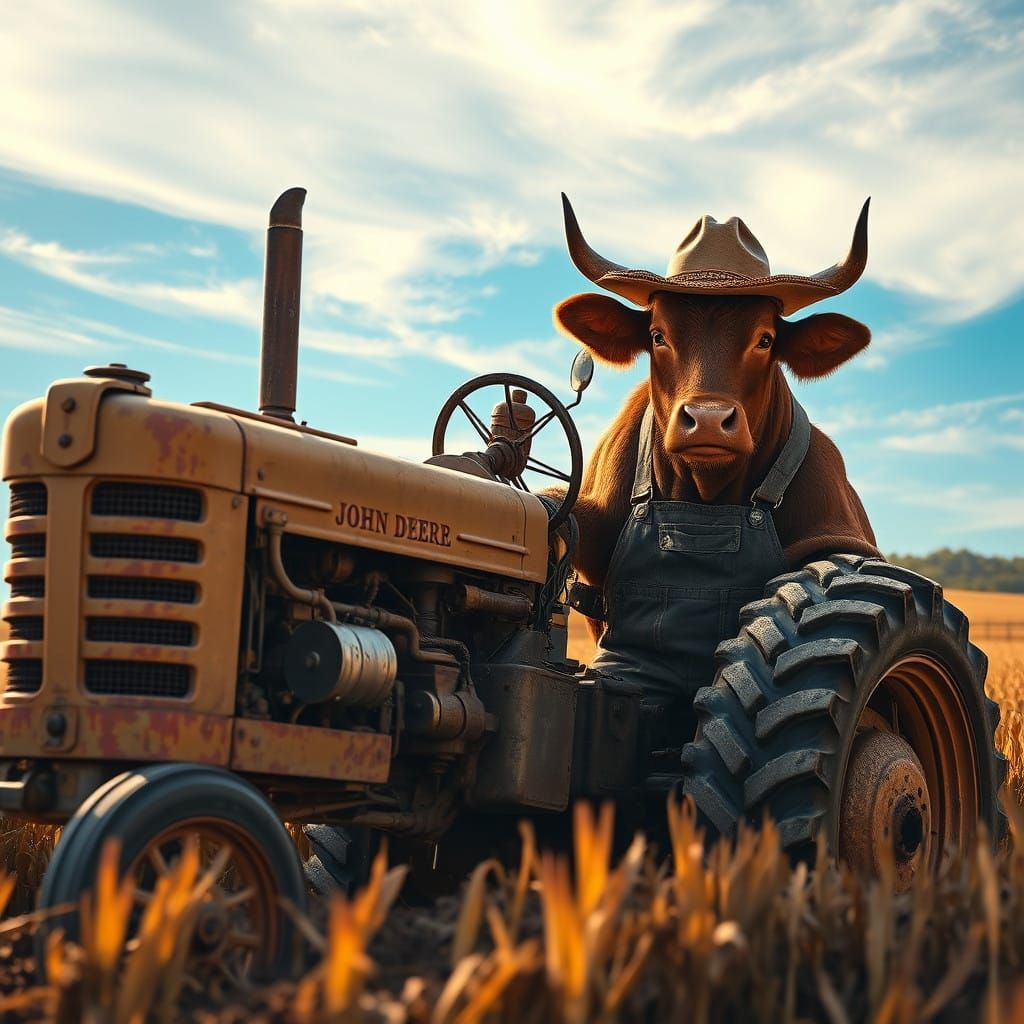 Cow Plows Vintage Field in Rustic Cowboy Tractor