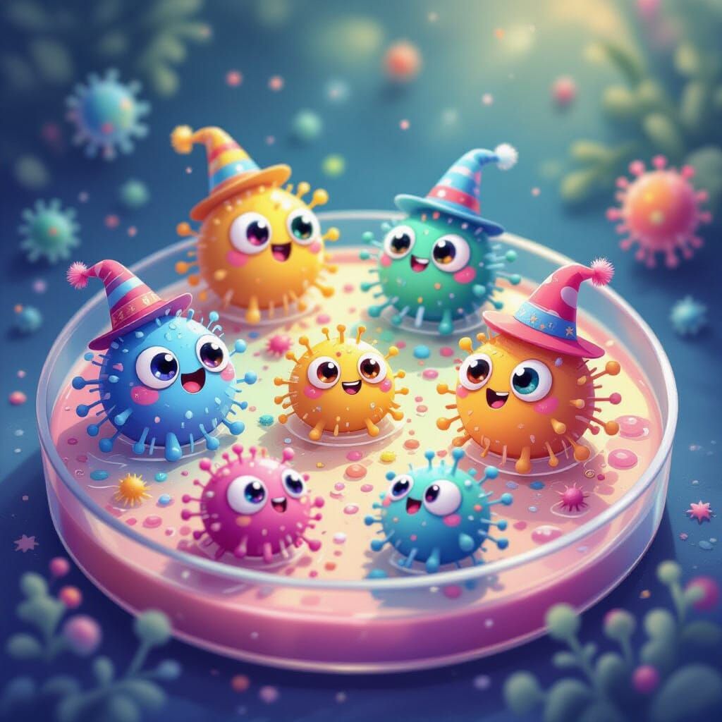 Whimsical Microbes With Hats in Petri Dish