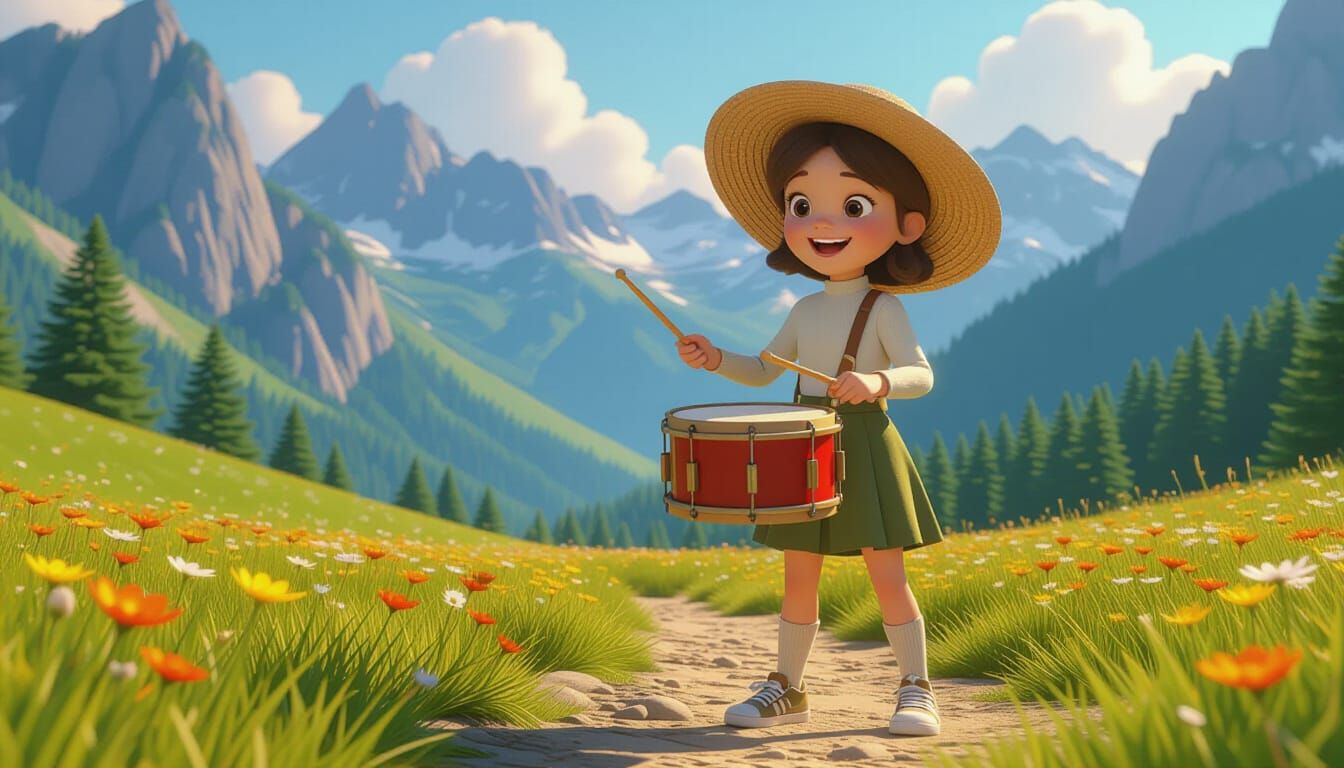 Joyful Girl Drumming in Scenic Pixar-Style 3D Animation