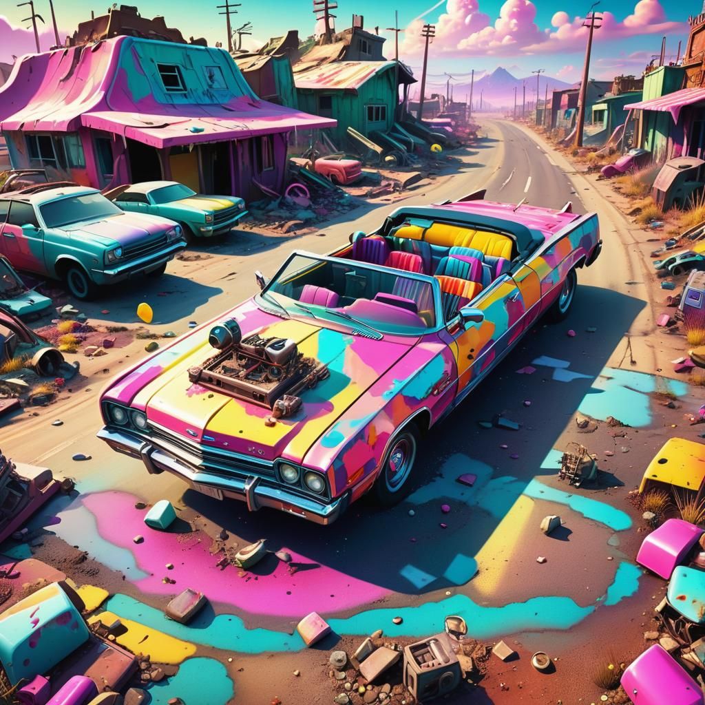 Post apocalypse synthwave 1970’s low rider lowrider convertible, Synthwave, retro futurism, outrun