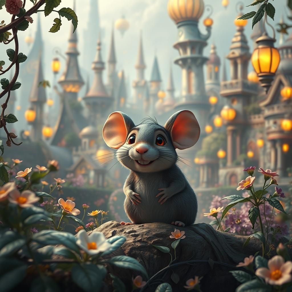 Smiling Mouse in Dreamlike Fantasy Cityscape