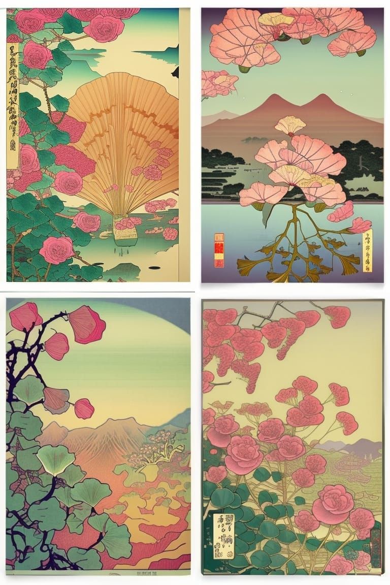Chinese Landscape with Roses and Ginkgo in Ukiyo-e Style