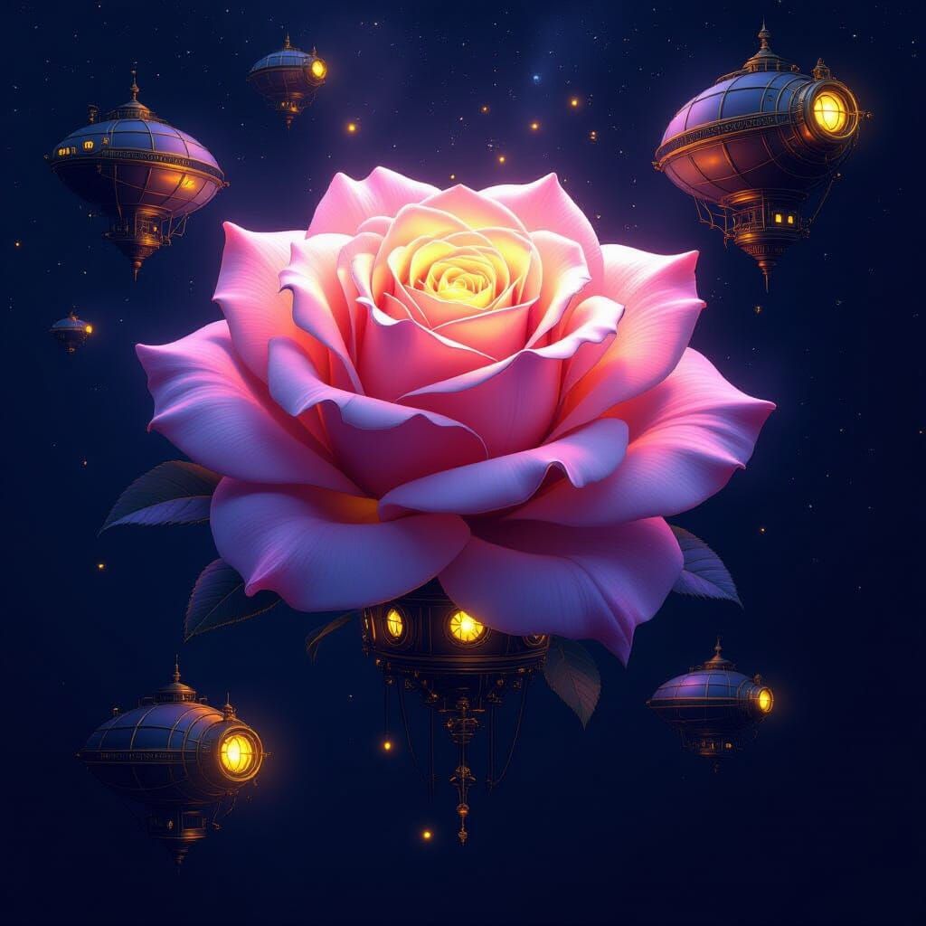 Bioluminescent Rose in Space with Steampunk Zeppelins