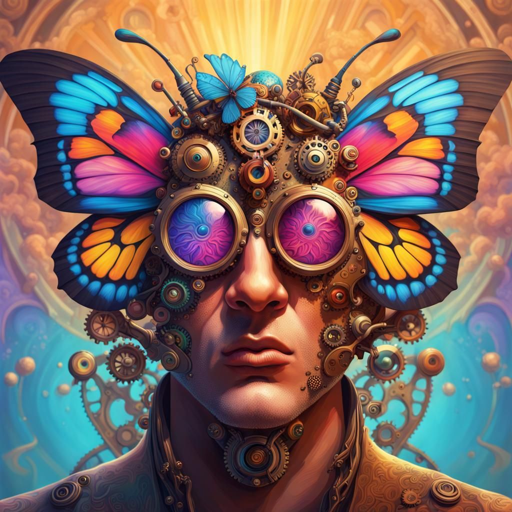 Psychedelic Steampunk Butterfly God in Splash Art Style