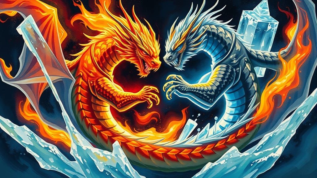 Fire and Ice Dragons Dance in Expressive Painting