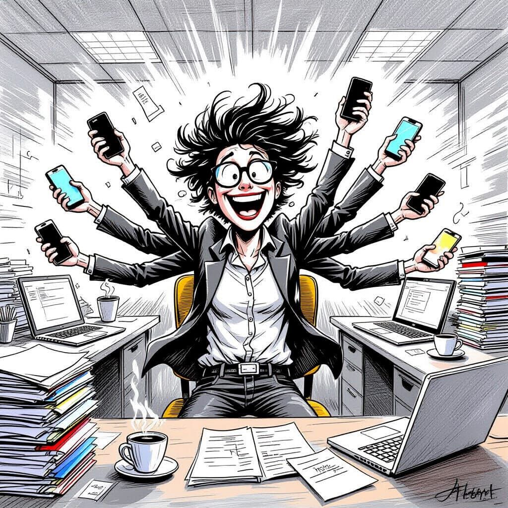 Humorous Cartoon of Overwhelmed Multitasker Juggling Office ...