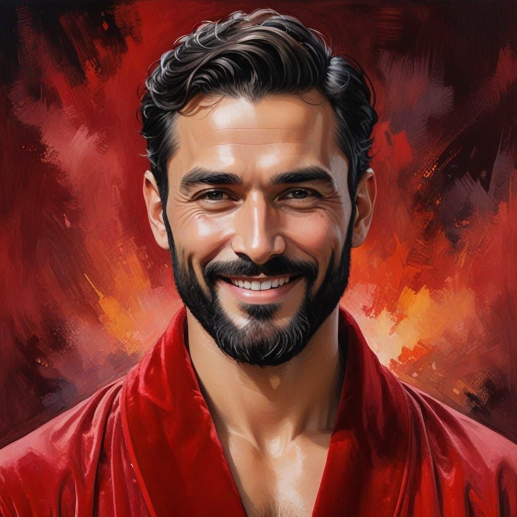 Elegant Hirsute Gentleman in Red Velvet Robe