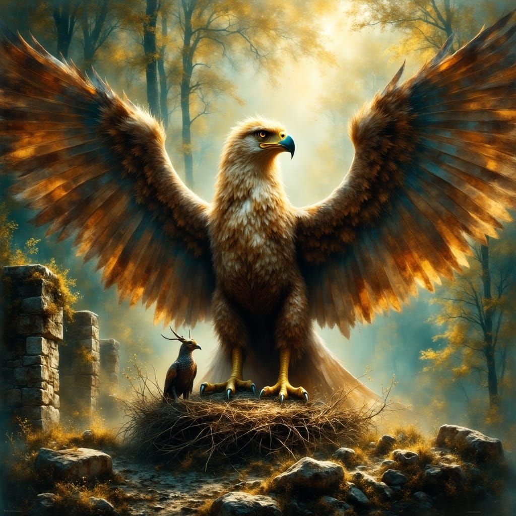 Majestic Griffin Protects Family in Vibrant Fantasy Landscap...