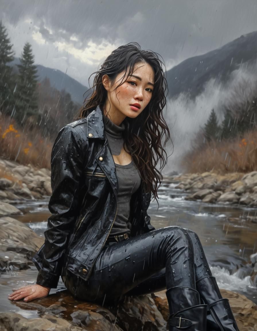 Korean Woman in Rainy Landscape: Impasto Oil Painting