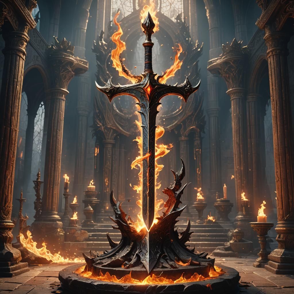 Flaming Sword on Altar in Fantasy Concept Art