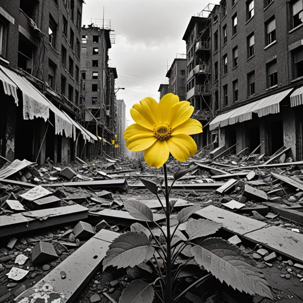 Yellow Flower Blooms in Dystopian Ruins