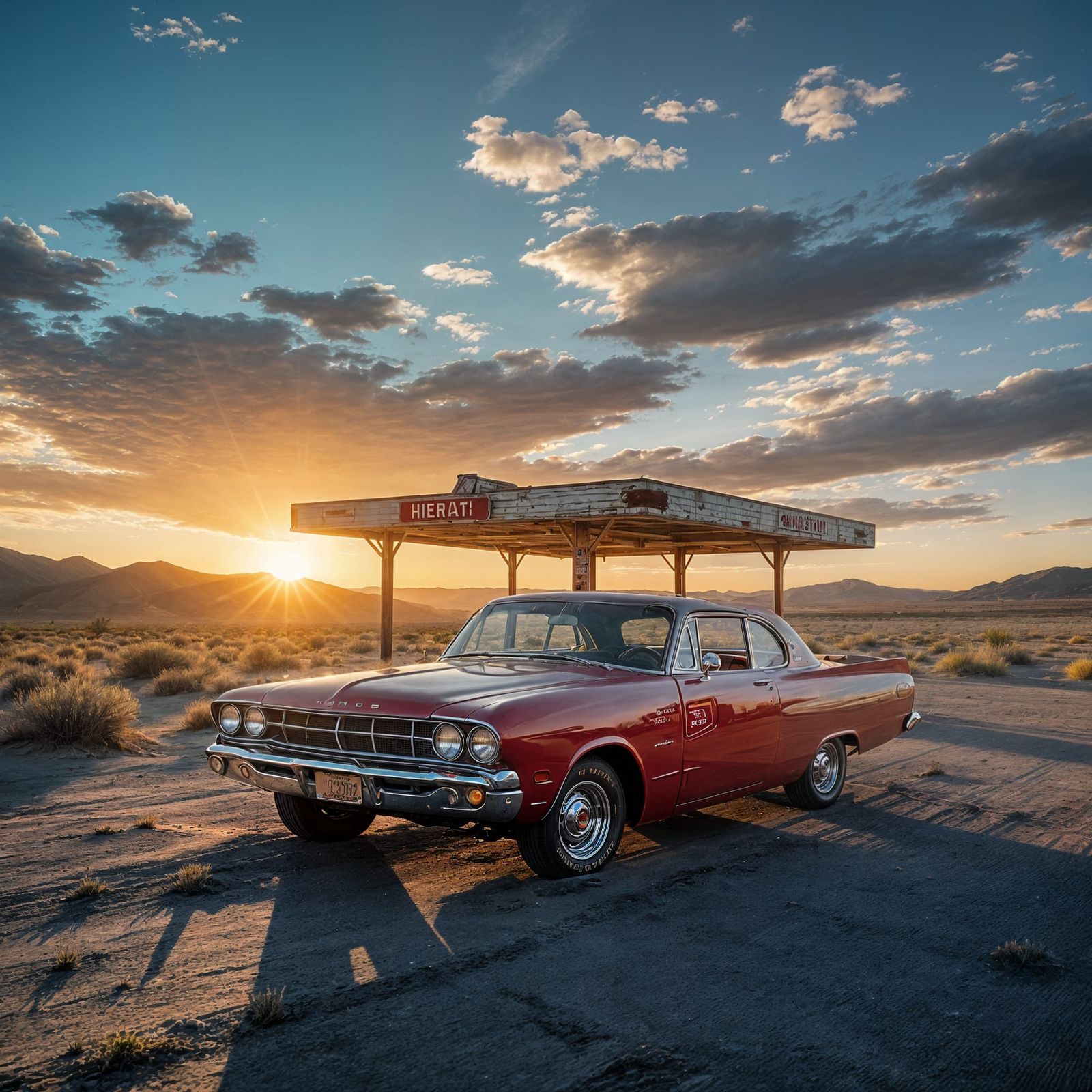 Abandoned 1950s Diner at Sunset on Desert Highway