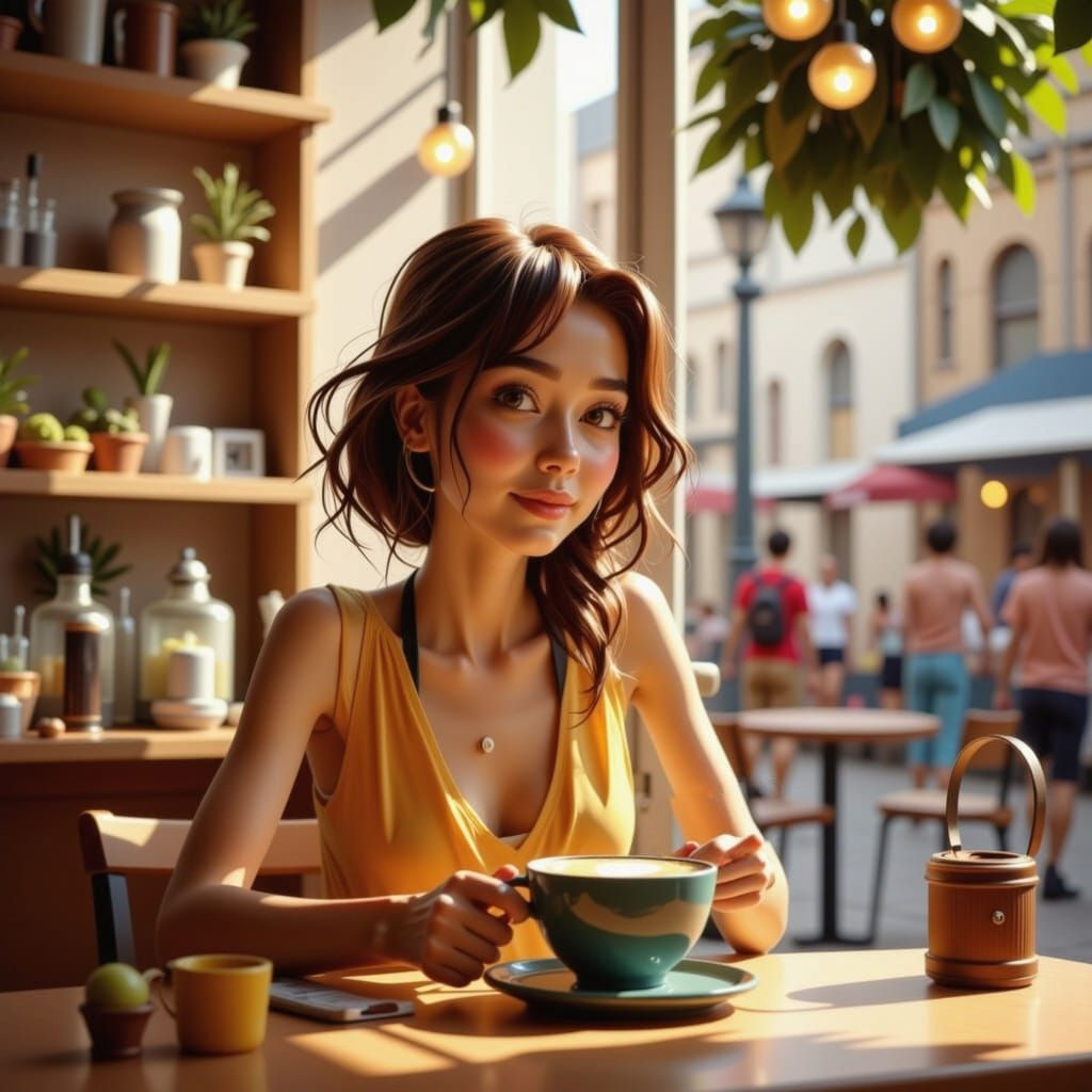 Woman at Cafe in 3D Cartoon Style