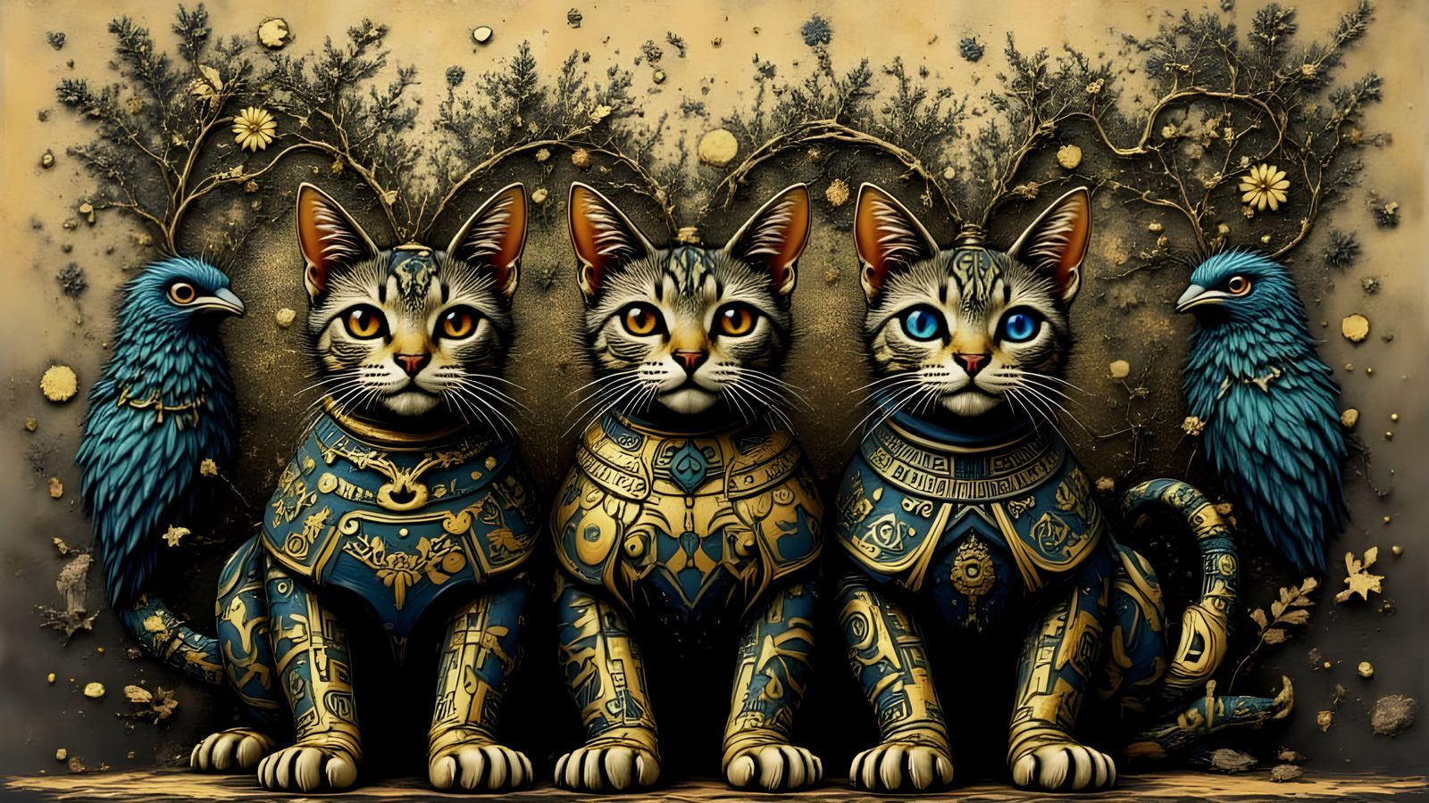 Elegant Medieval Cat Figures in Ancient Gold Illuminated Man...