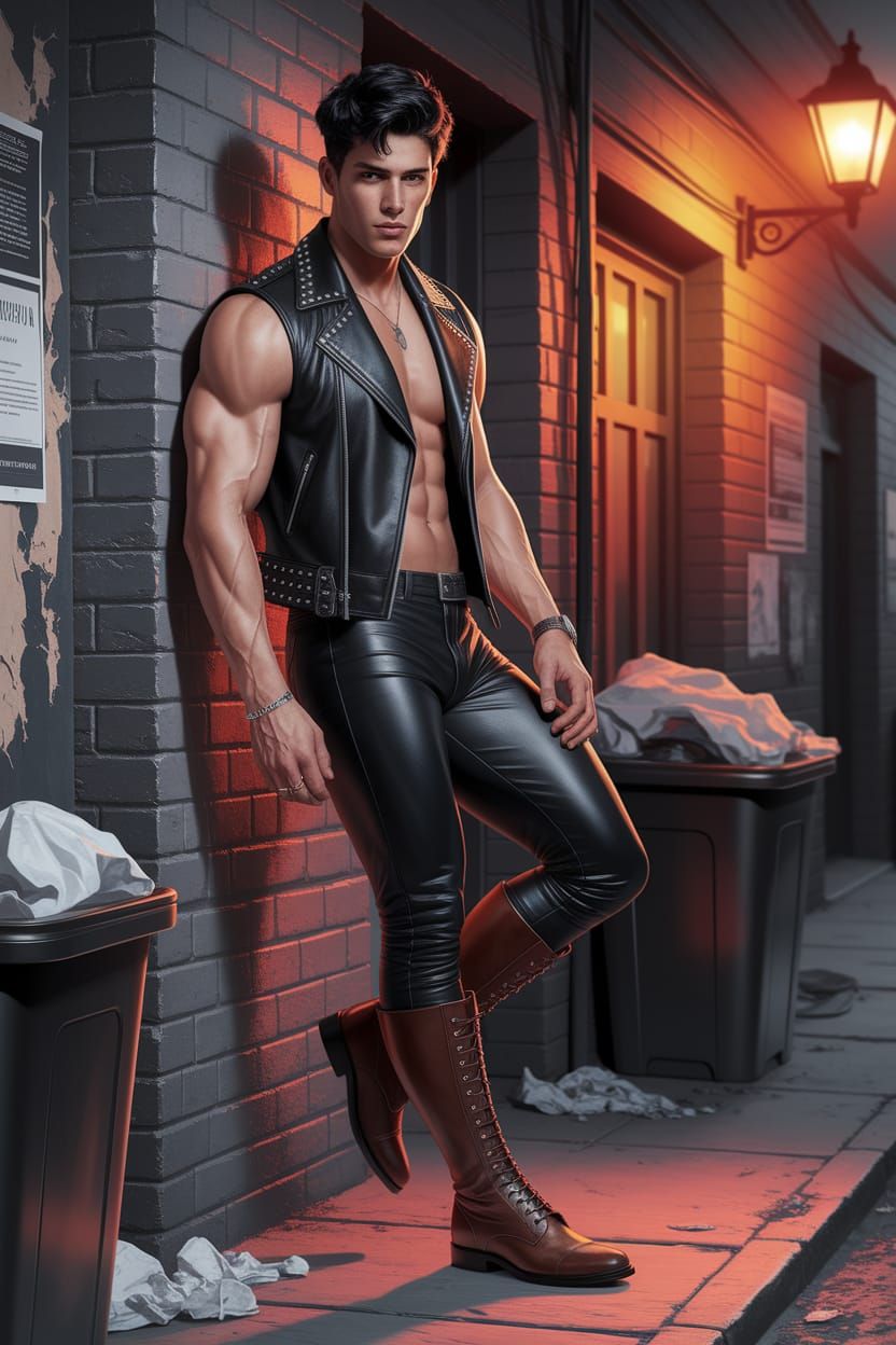 Handsome Man in Leather Jacket by Brick Wall