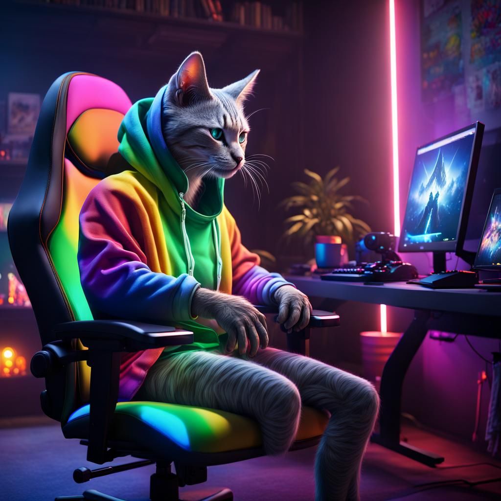 Anthropomorphic Cat Gamer in LED Lit Room