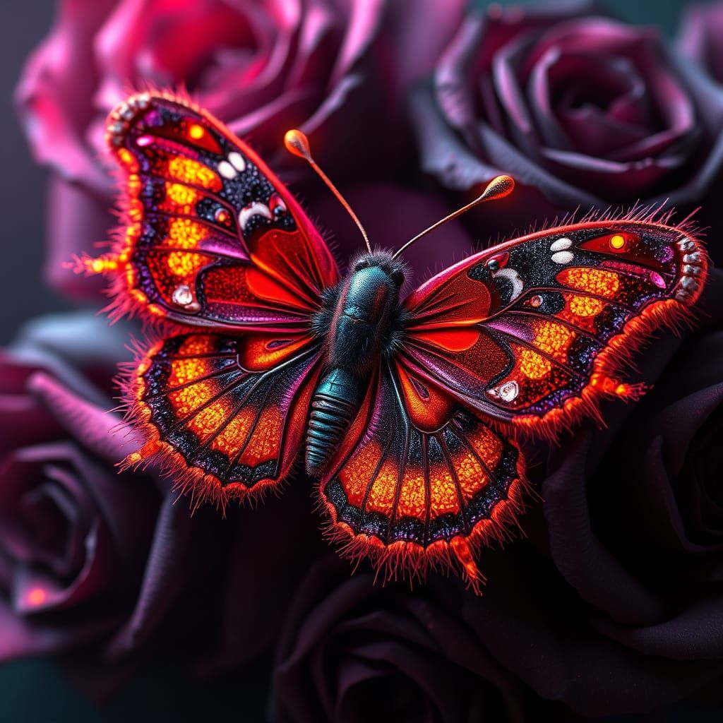 Surreal Butterfly in Triadic Colors with Black Roses