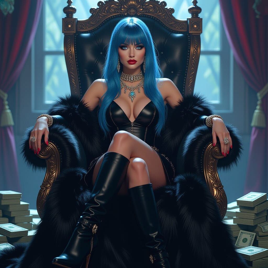 Regal Woman on Throne with Cash, Digital Art