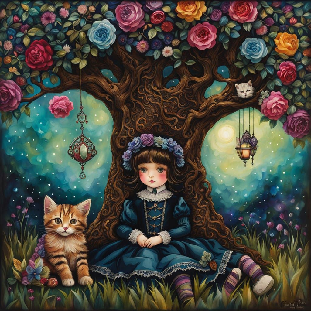 Gothic Child Sits with Vintage Kitty Toy Under Tree