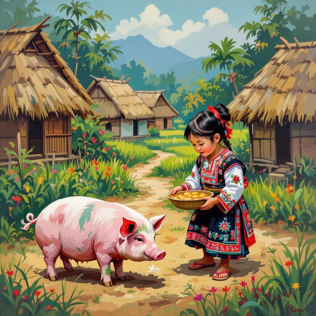 Hmong Child Feeding Pig, Southeast Asian Art Style