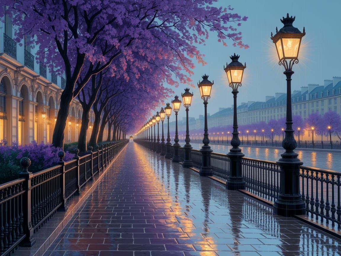 Rainy Parisian Street at Dusk in Impressionism Style