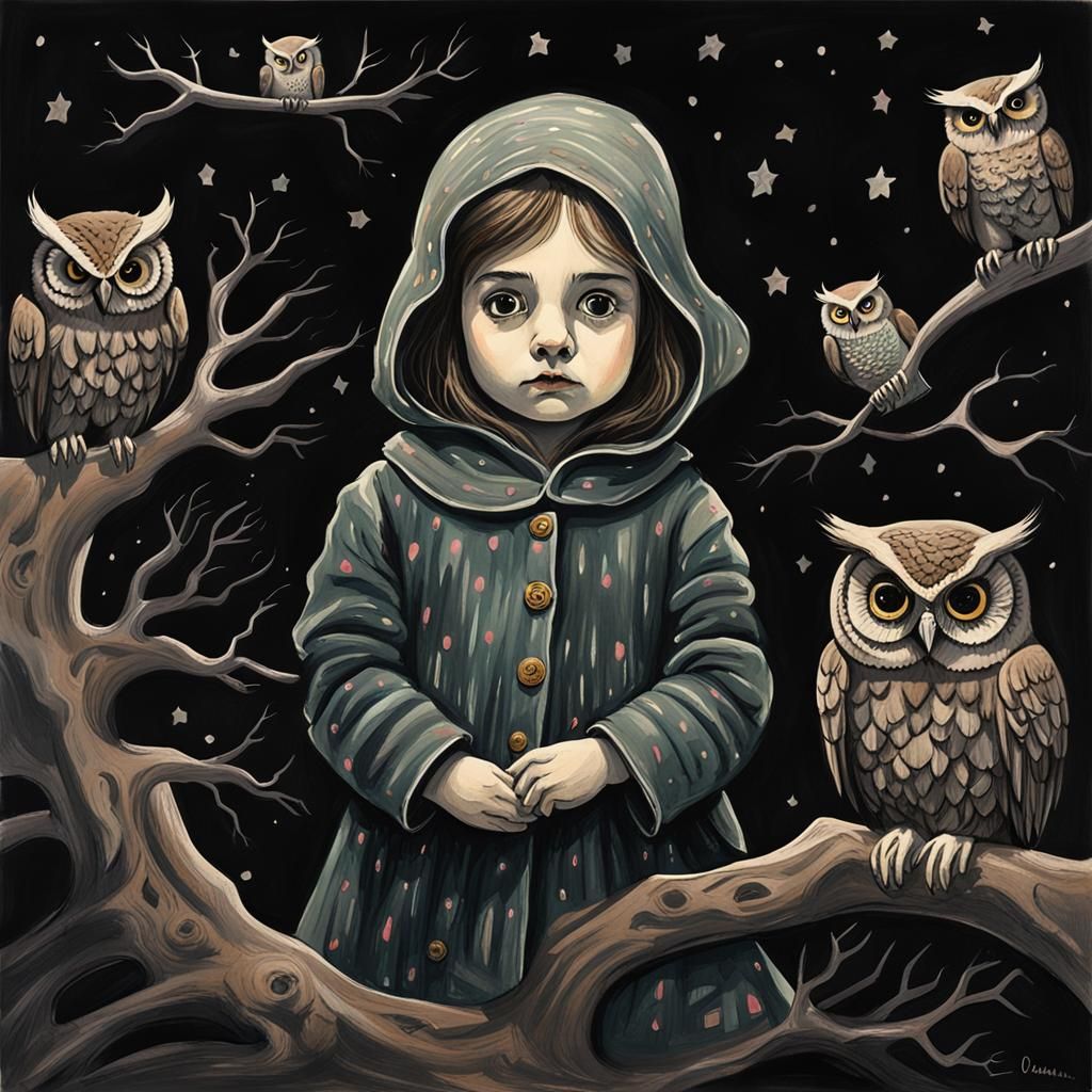 Nightmarish Dream: Toddler and Eerie Owls in Gouache