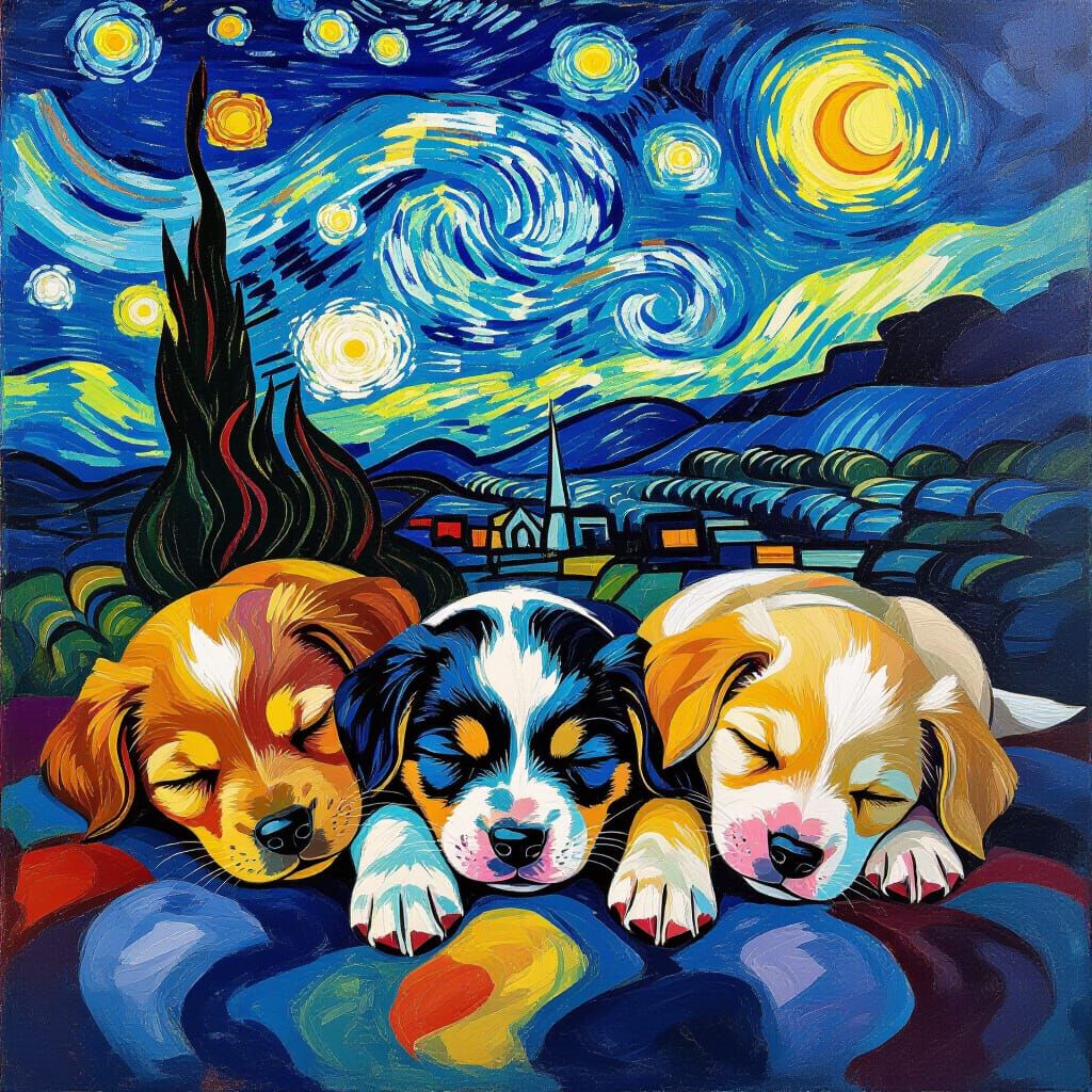 Puppies Sleeping: Van Gogh and Dali Surrealism