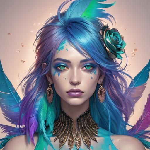 Metallic Rose Gold Woman with Feathers: Surrealist Art