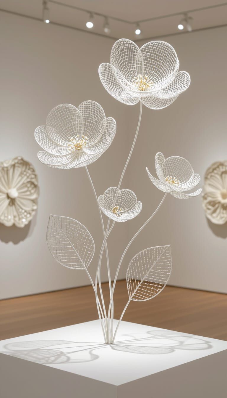 Delicate Wire Sculptures of Floral Art in Gallery