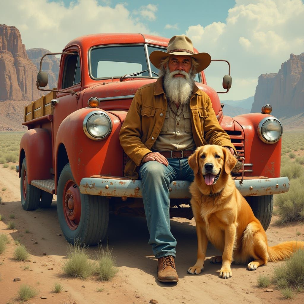 Weathered Cowboy and Faithful Companion in Desert Landscape