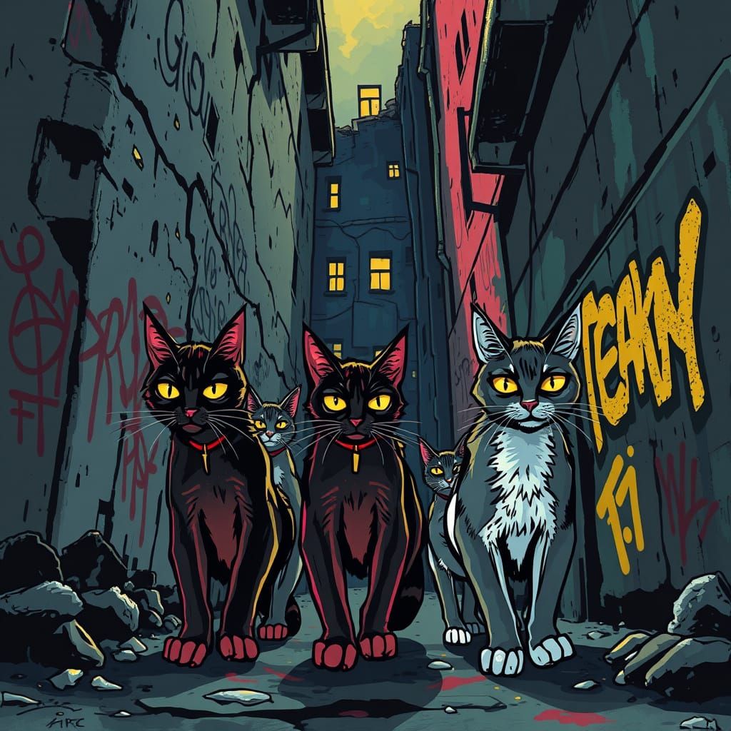Gangster Cats Prowling Alleyway in 80s Street Art Style