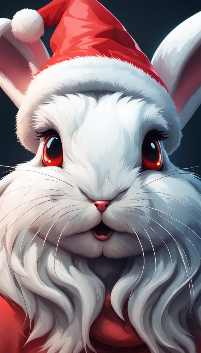 Festive Bunny Portrait in Santa Hat, Tile Art