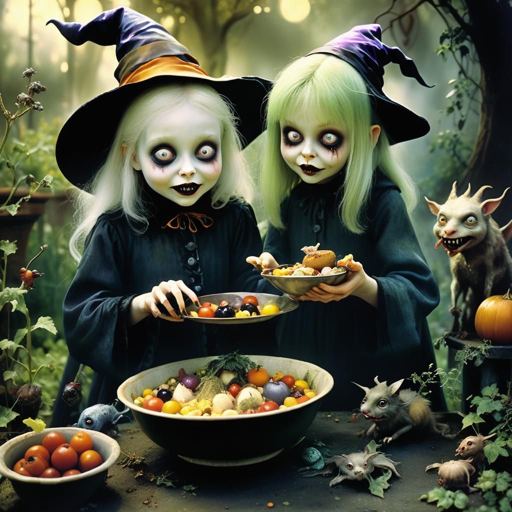 Young Witch Feeds Surreal Garden Beasts